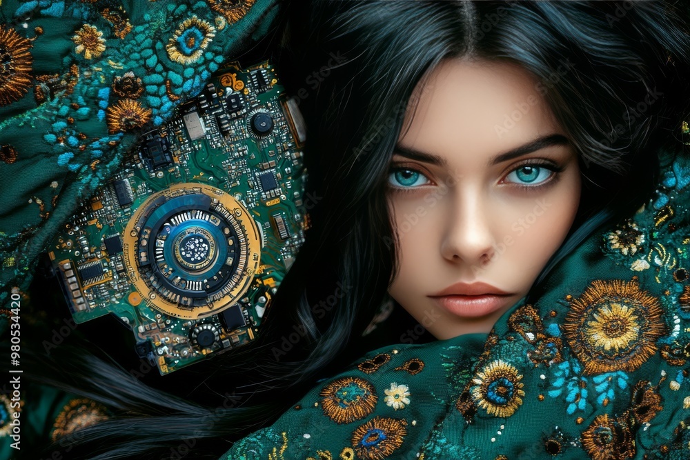 Poster close up of woman with cybernetic circuit patterns blending into her face representing technological