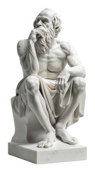 Socrates in a white marble sculpture in a thinking pose with hand on chin, isolated on a transparent background.