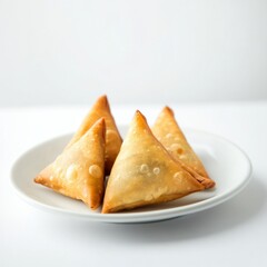 samosa on a white table, pieces placed on a flat plate, clean plate, plain background