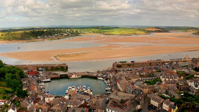 Aerial drone shot over local town of Padstow in Cornwall, United Kingdom.