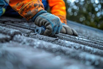 Close-up of a construction worker wearing gloves, fixing roof shingles on a rooftop, showcasing skilled craftsmanship and manual labor.
