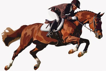 A powerful showjumper in action, with a rider on a horse leaping mid-air during a competitive equestrian event, showcasing athleticism, precision, and speed.