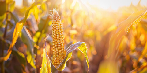 Corn plants with sunlight highlighting golden cobs and leaves, set against a blurred background.