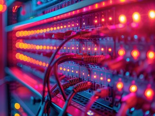 Close-up of a vibrant server rack with colorful LED lights and connected network cables, showcasing modern data center technology.