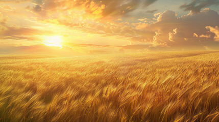 Obraz premium A golden wheat field under the sunset sky with grain heads swaying in the breeze, casting long shadows.