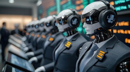 Naklejka premium Group of robots wearing business suits at a stock exchange, corporate AI, future of AI in finance