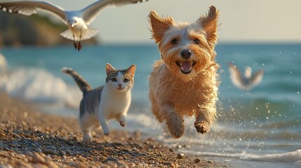 Dog and cat on the beach, running playing together, sunset tropical ocean summer day background. Cute puppy and kitten friendship, creative funny animal pet character holiday maker modern digital art.