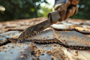 Close-up of a worker's hand using a tool to remove old roofing shingles, focusing on the detail and texture of the worn materials.