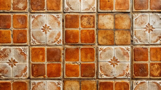 Rustic terracotta tiles with a warm brown and white color scheme, featuring a textured, distressed finish, perfect for adding warmth to interior walls or floors.