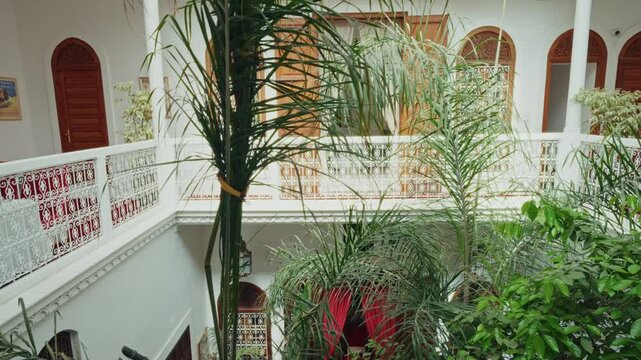 Panoramic view of a traditional Moroccan restaurant in Marrakesh, Morocco. View of elegant moroccan style and design.