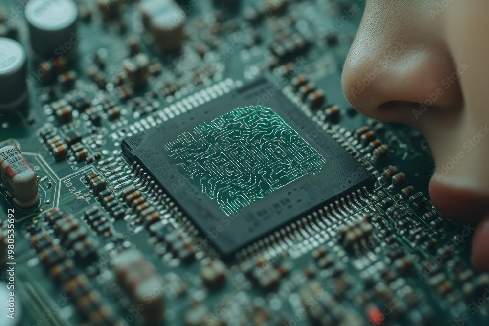Poster close up of microchip next to human skin symbolizing the integration of human biology with ai and th