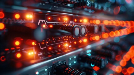 Close-up of illuminated server racks in a data center, showcasing modern technology and network communication infrastructure.