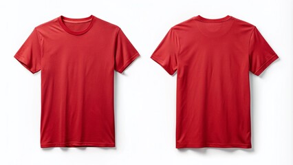 Flat lay of plain red t-shirt template mockup featuring front and back views on a clean white background, isolated and ready for customization.