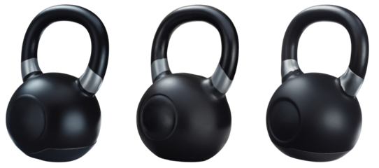 Black kettlebell with silver inlays solated on transparent background