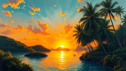 Softly glowing sunset illuminates a tranquil lagoon, surrounded by lush green hills and towering palm trees, with a