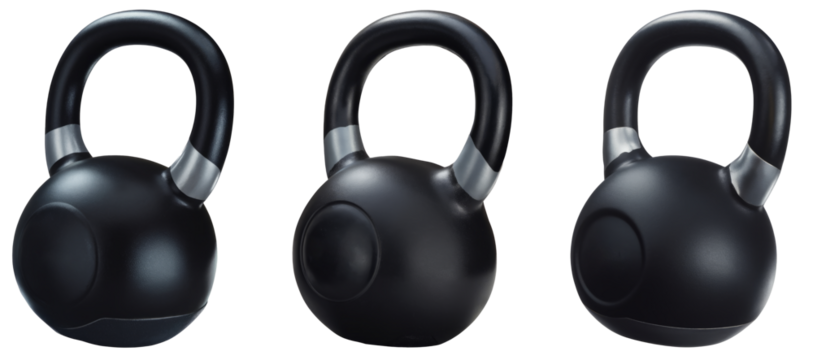 Black kettlebell with silver inlays solated on transparent background