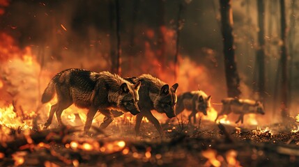 Fototapeta premium Photorealistic image of wolves running through a forest on fire, 3D render, Octane rendering, dramatic lighting, cinematic.