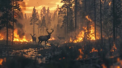 Photograph of a forest on fire with deer running away, in the cinematic style, with natural lighting, hyper-realistic, cinematic composition, following the rule of thirds, landscape photography