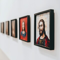A modern art gallery setting with white walls and spotlights focusing on a collection of framed paintings of Jesus The paintings are displayed in a row each artwork highlighted by the soft focused lig