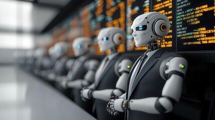 Group of robots wearing business suits at a stock exchange, corporate AI, future of AI in finance