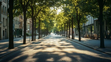 A peaceful street is illuminated by the soft glow of early morning light, with tall trees providing shade along the cobbled path, while a few pedestrians and bicycles dot the vibrant, urban scene.