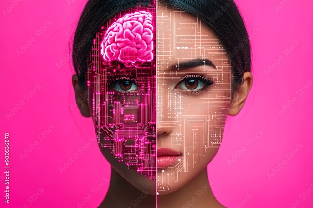 Poster woman’s face split between organic and digital brain symbolizing the merger of biological cognition 