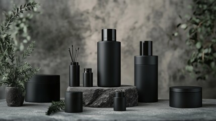 A stylish arrangement of black cosmetic containers and accessories on a textured surface surrounded by greenery