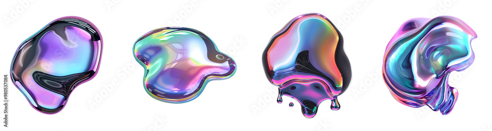 Poster set of 3d iridescent holographic liquid fluid shape blob with colorful pastel gradients elements des