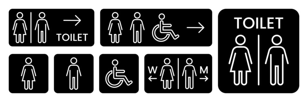Toilet line icons set. Men and women restroom icon sign right arrow. Disabled wheelchair icon. Vector Illustration