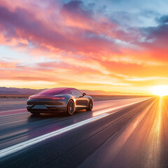 Fototapeta premium Lone car driving on deserted highway at sunset, road stretching into horizon with golden light reflecting off hood, sharp silhouette against vibrant sky, emphasizing solitude and freedom.