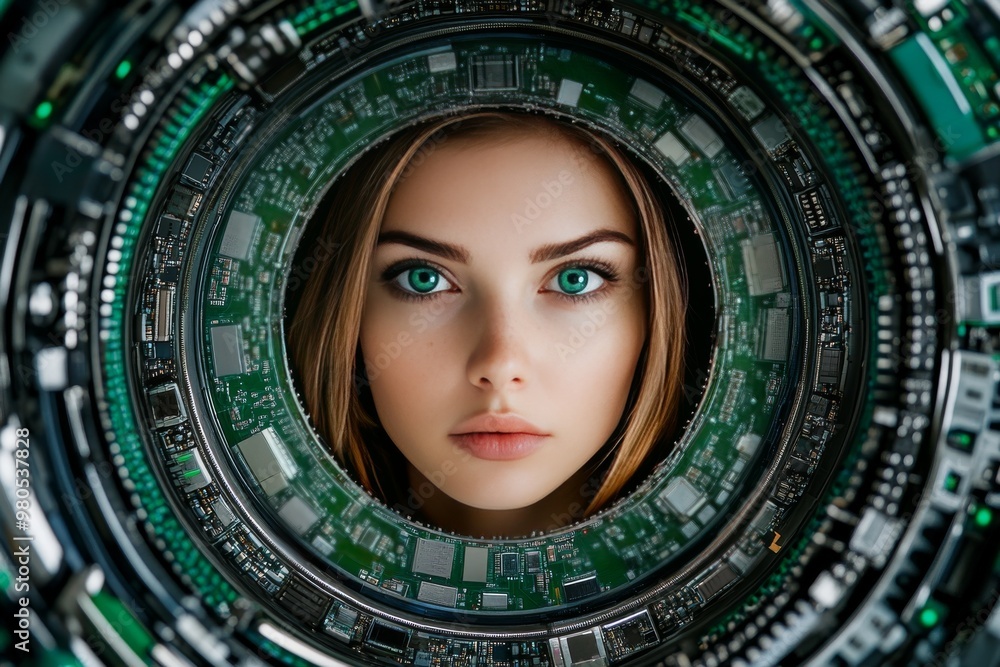 Aufkleber woman framed by circular digital interface representing virtual reality neural networks and artifici