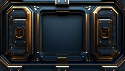 Abstract Dark Blue and Gold Metallic Panel with a Square Frame