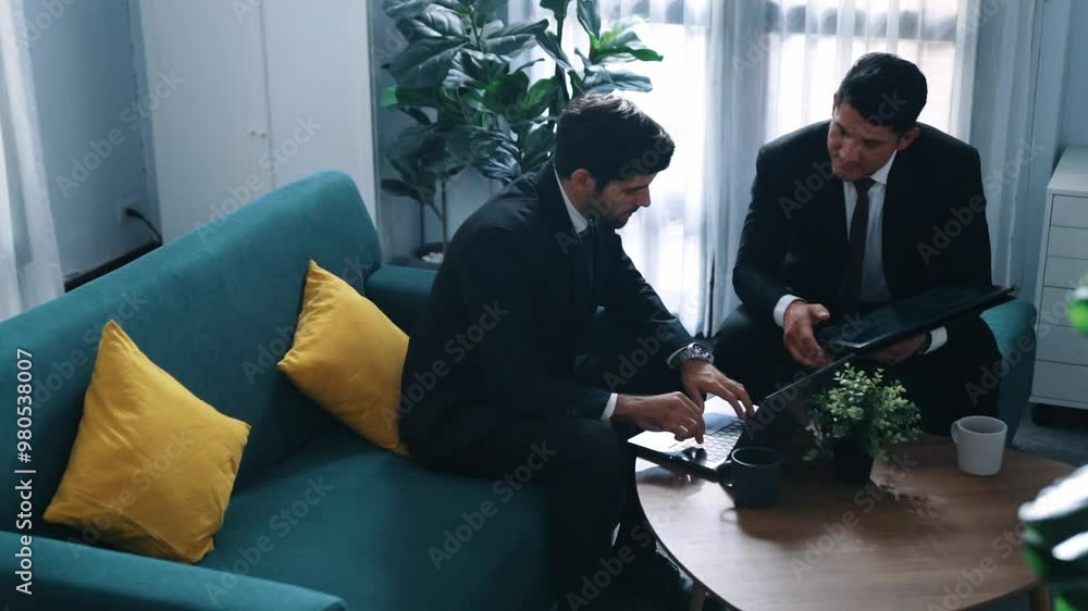 Poster top view of investor hold financial chart while attend in meeting while manager discuss marketing st