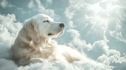 Obraz premium A dog in heaven in the clouds in paradise after death happy resting eternal life of the soul White Angel generated ai
