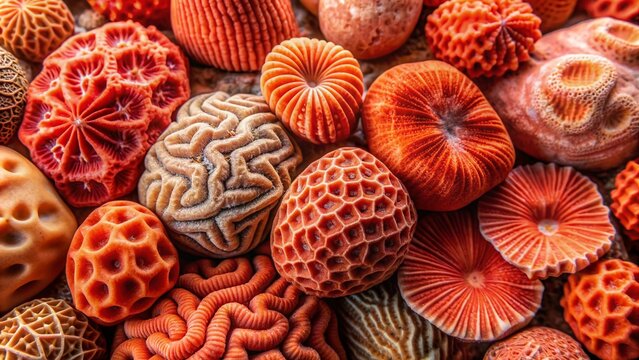 Vibrant coral stones with organic textures display diverse shades and patterns, ranging from uniform surfaces with subtle designs to pronounced ridges and swirling motifs.