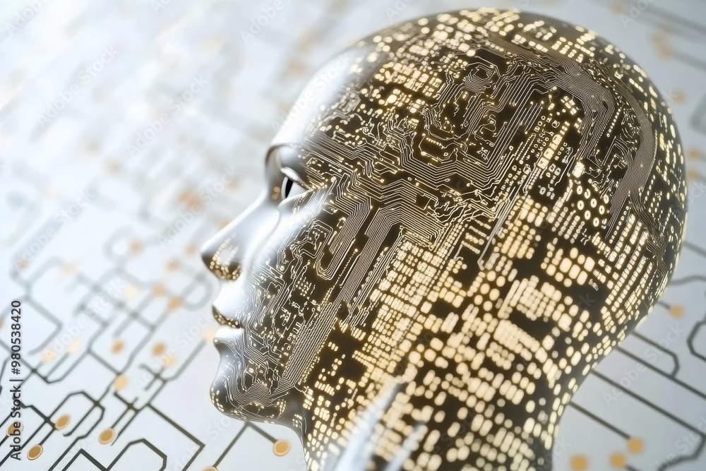 Poster profile of human face made of golden circuitry symbolizing the integration of ai and human cognition