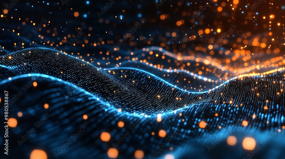 Poster 3d rendering of colorful glowing waves flowing in the dark background, glowing light effect