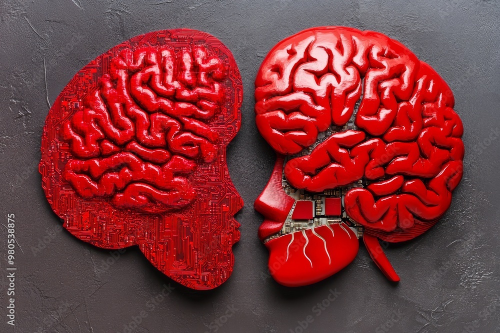 Poster two red brain models symbolizing cognitive research neural studies and artificial intelligence advan