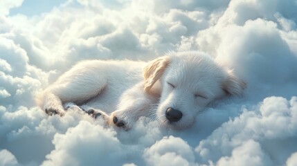 A dog in heaven in the clouds in paradise after death happy resting eternal life of the soul White Angel generated ai