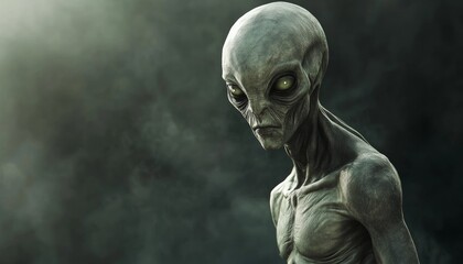 Scary Gray Alien Walking Through a Dark Forest at Night