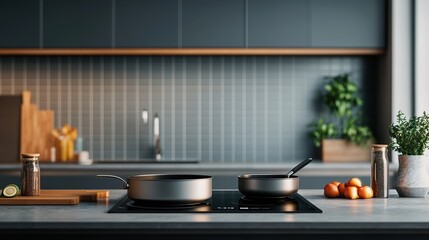 Modern kitchen with sleek cookware on a stovetop, featuring stylish decor and fresh ingredients for culinary inspiration.