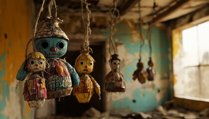 Creepy Old Voodoo Dolls Hanging in a Dark Wooden Room