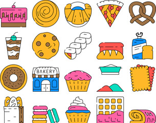 Bakery Delicious Dessert Food Icons Set Vector. Bakery Pretzel And Cake Pie With Cherry And Cream, Creamy Muffin And Donut, Pastry Bun And Bread Toast color Contour Illustrations