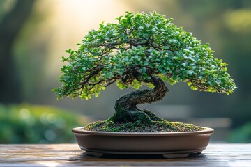 Bonsai Tree In Pot On Wooden Table With Blurred Background