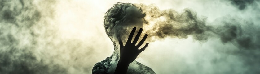 A shadowy figure reaches out as smoke swirls, creating a mysterious and surreal atmosphere that evokes themes of identity and transformation.