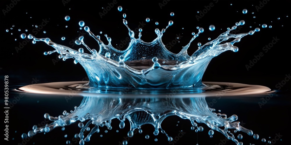 Poster shape form throw of water splashes into drop water attack fluttering in air and stop motion freeze s