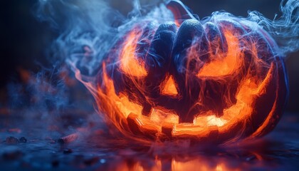 Fototapeta premium 3D Rendering of a Glowing Jack-O'-Lantern in Smoke