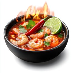 hot super spicy Thai shrimp tom yum soup, with lime, shrimp, big chilie on top outside of bowl, look yummy tasty, fire around bowl