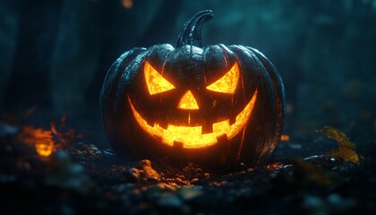 Obraz premium Spooky Glowing Jack-O'-Lantern in the Dark Surrounded by Mist and Shadows