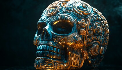 Crystal Skull from Maya Civilization Placed on a Stone Altar in a Dark Setting